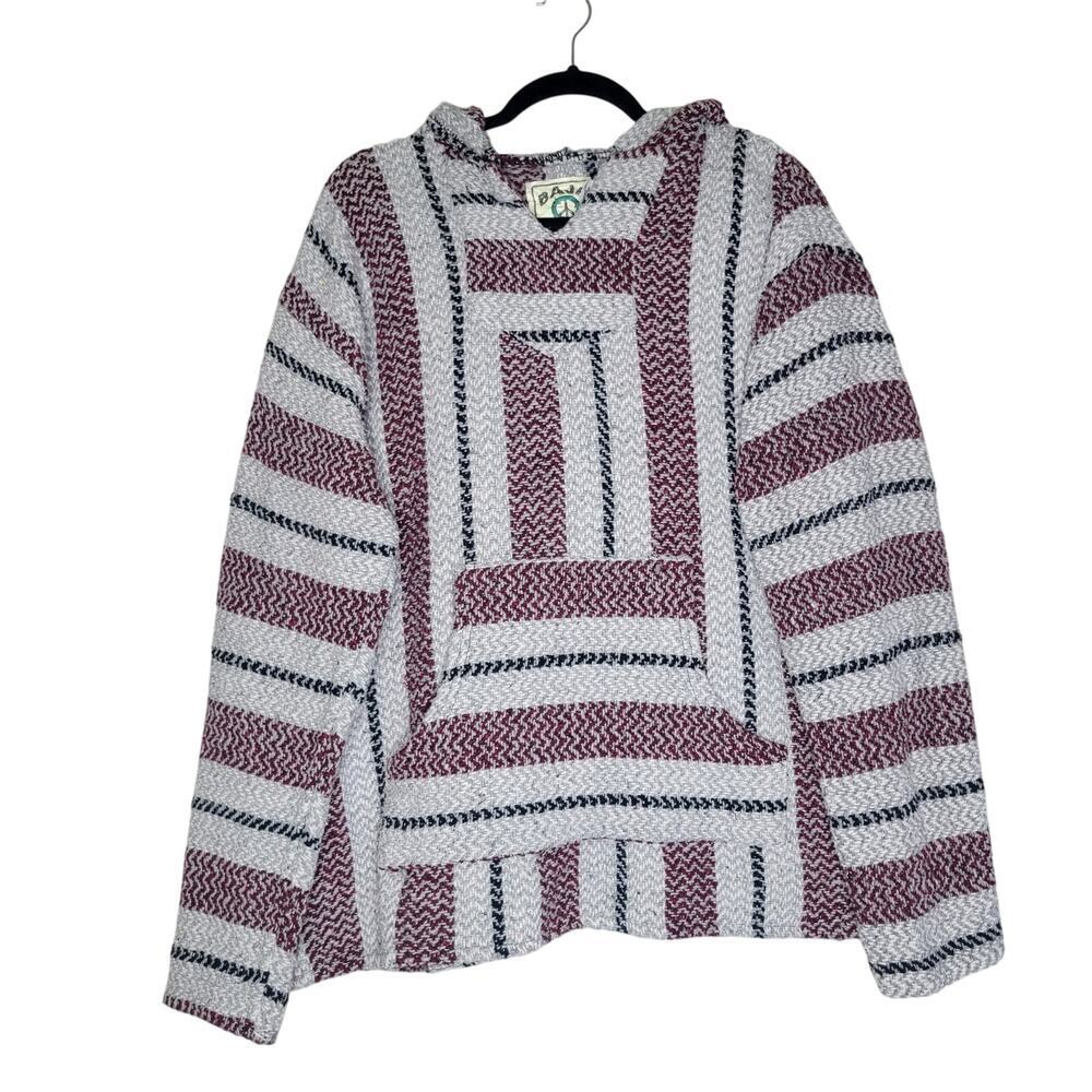 Baja Joe Hoodie XXL Red Stripe Knit Mexican Poncho Style Kangaroo Pocket